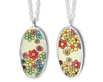 Reversible Flower Pendant - Sterling Silver and Enamel Floral Design Necklace - Hippie Flower Power Jewelry