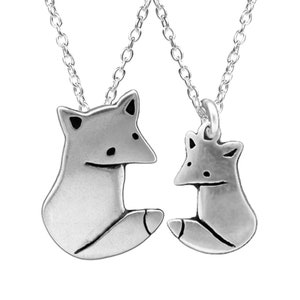 Fox Necklace Set for Mother Daughter Son Grandmother - Set of Two Sterling Silver Fox Pendants Gifts on Adjustable Silver Chains