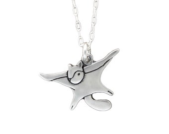 Sterling Flying Squirrel Charm Necklace - Silver Flying Squirrel Pendant on Adjustable Sterling Chain