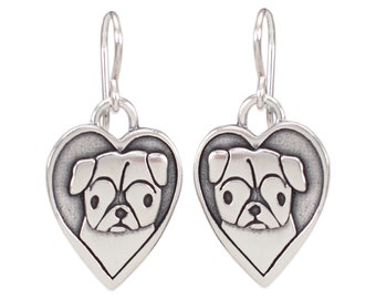 Sterling Silver Pug Charm Earrings on 925 French Ear Wires - Pug Heart Dangle Earrings