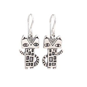 Sterling Silver Cleocatra Charm Earrings Geometric Design - Cat Jewelry - Modern Cat Earrings on .925 Ear Wires