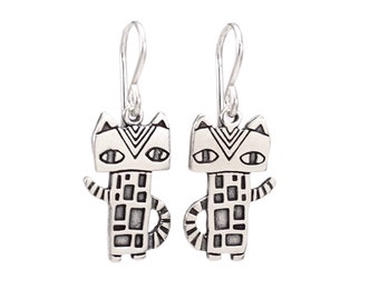 Sterling Silver Cleocatra Charm Earrings Geometric Design - Cat Jewelry - Modern Cat Earrings on .925 Ear Wires