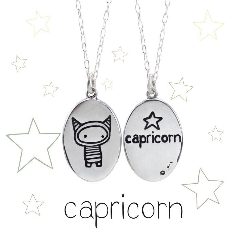 Super Cute Capricorn Necklace Sterling Silver Zodiac Charm Capricorn Medallion Necklace on Adjustable Chain image 1