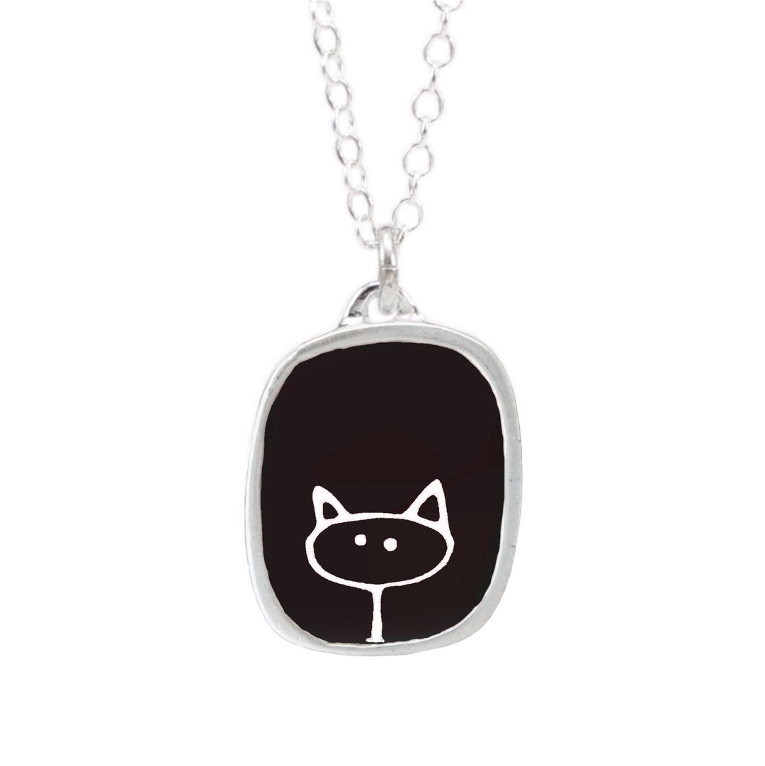 Black and White Cat Necklace Sterling Silver and Vitreous Enamel Stick