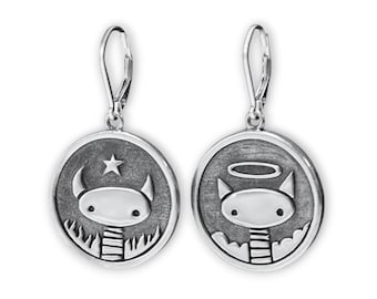 Sterling Silver Good Cat Bad Cat Dangle Earrings