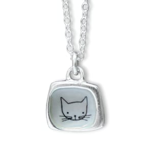 Teeny Tiny Enamel and Sterling Silver Grey Cat Necklace on Adjustable Serling Chain - Cat Jewelry