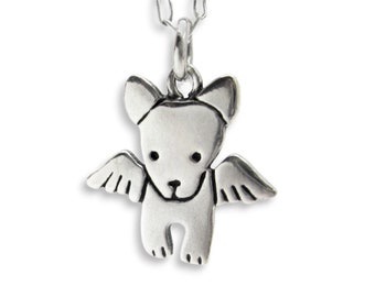 Tiny Angel Dog Necklace - Sterling Silver Dog Pendant - Dog with Wings Charm on Adjustable Sterling Chain - Dog Memorial Gift