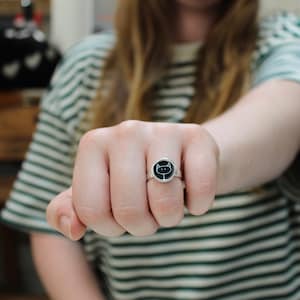 Black Cat Ring - Sterling Silver and Vitreous Enamel Kitty Ring with Original Cat Drawing