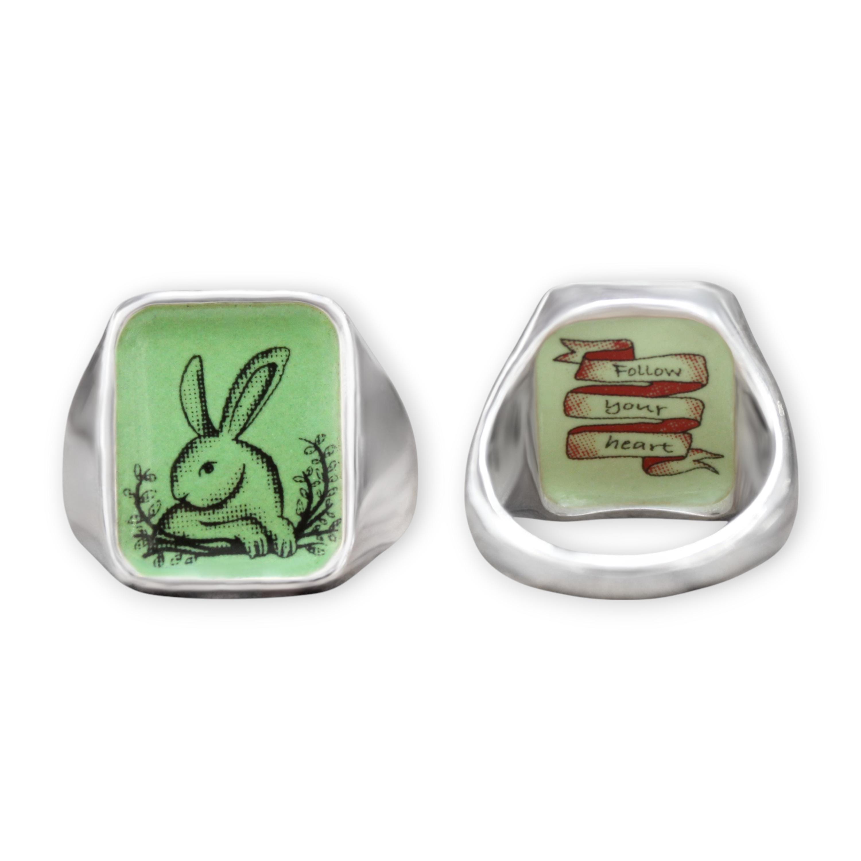 Vintage Rabbit Signet Ring: Sterling Silver Vitreous Enamel Bunny ...