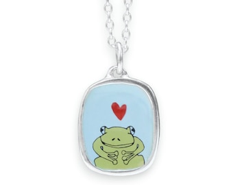 Sterling Silver Frog Charm Necklace: Enamel Screen Print, Adjustable Chain