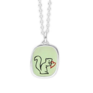 Squirrel Necklace - Sterling Silver and Vitreous Enamel Squirrel Necklace with Original Drawing on Adjustable Sterling Chain