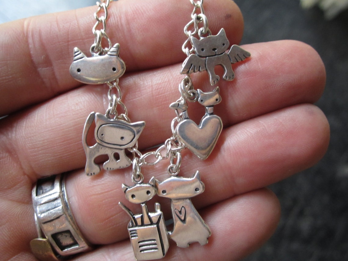 Cat Charm Bracelet Sterling Silver Cat Bracelet with 6 Cat Etsy