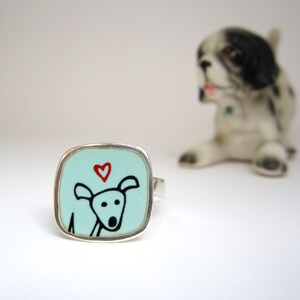 Happy Dog Enamel and Sterling Silver Ring Robin's Egg Blue Vitreous Enamel with Original Dog Drawing Handmade Dog Ring image 5