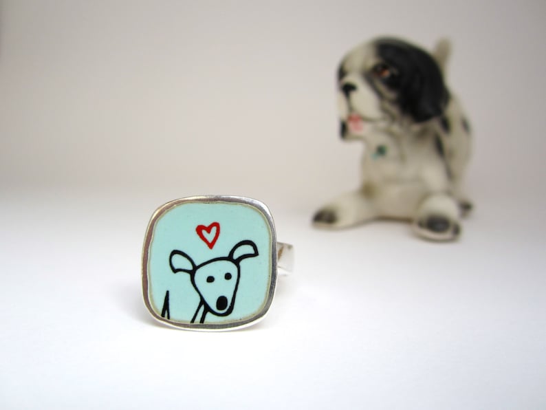 Happy Dog Enamel and Sterling Silver Ring Robin's Egg Blue Vitreous Enamel with Original Dog Drawing Handmade Dog Ring image 5