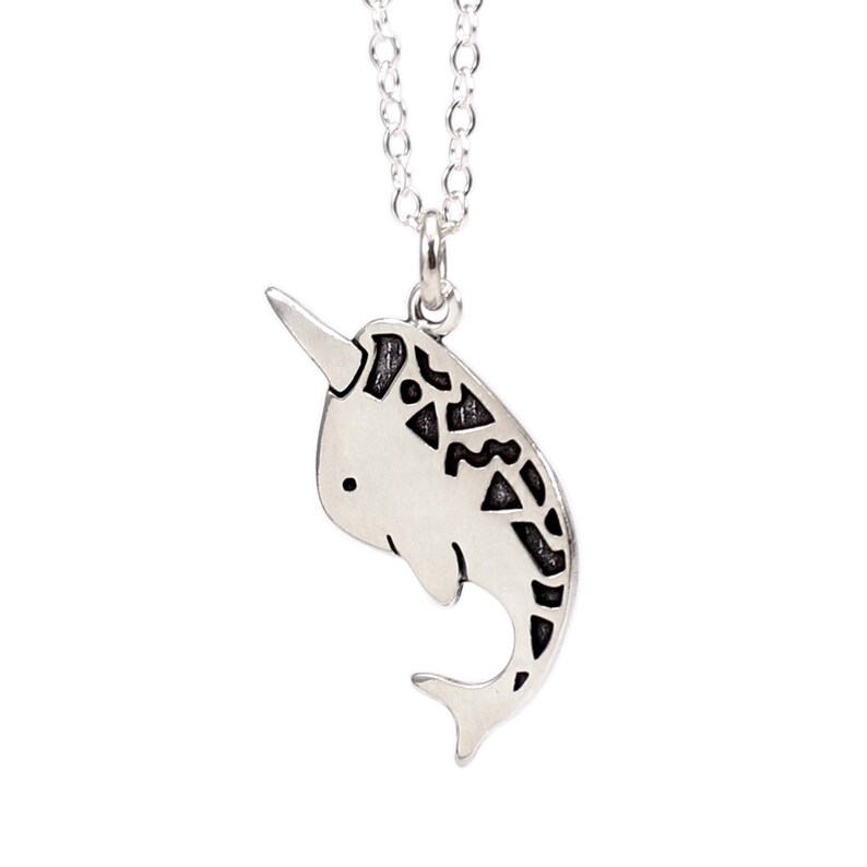 Sterling Silver Narwhal Necklace on 16 18 20 Adjustable Sterling Silver Chain Cute Tusked Whale with Geometric Pattern Charm Necklace image 1