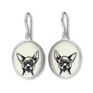 Chihuahua Earrings - Sterling Silver and Enamel Dog Breed Dangle Earrings - Sweet Puppy Portrait - Min Pin Terrier