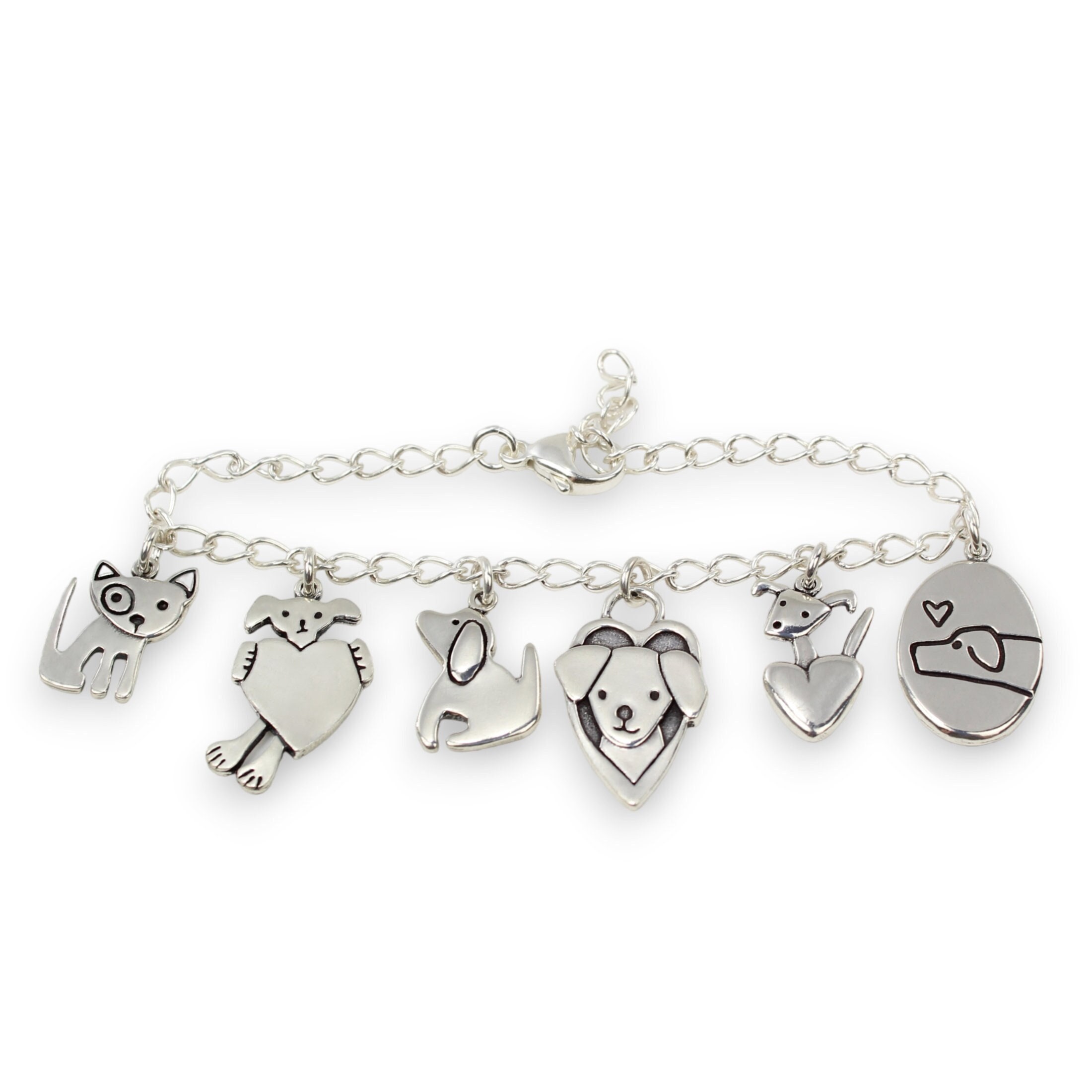 Dog Charm Bracelet - 100% Sterling Silver - Charm Bracelet with Six Dog Charms - Adjustable and Adorablethumbnail