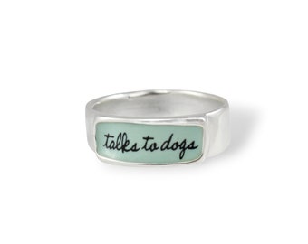 Talks to Dogs Band Ring - Sterling Silver and Vitreous Enamel Dog Ring - Ring for Dog Lovers - Men&#39;s Band Ring