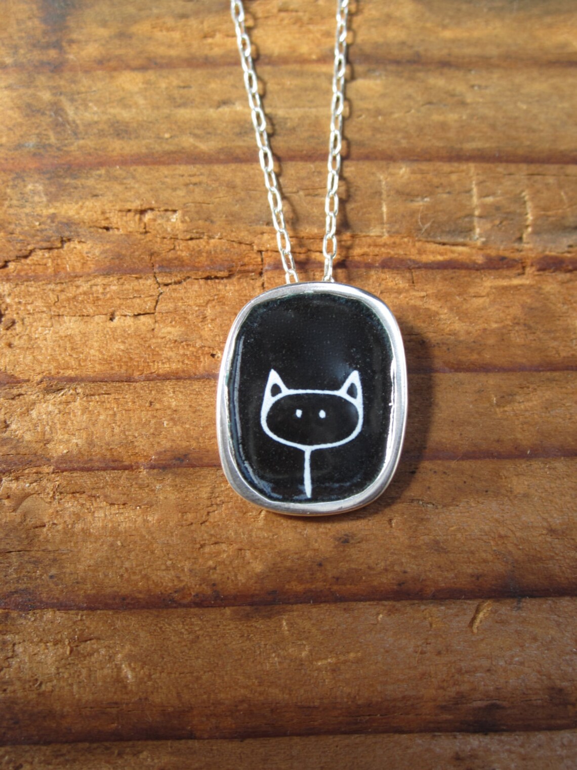 Black and White Cat Necklace Sterling Silver and Vitreous Etsy