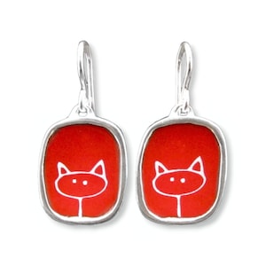 Sterling Silver Red Cat Charm Earrings - Red Cat Earrings - Unique Handmade Cat Dangles For Cat Lovers