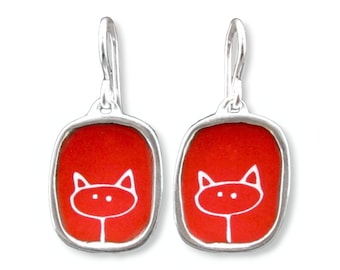 Sterling Silver Red Cat Charm Earrings - Red Cat Earrings - Unique Handmade Cat Dangles For Cat Lovers