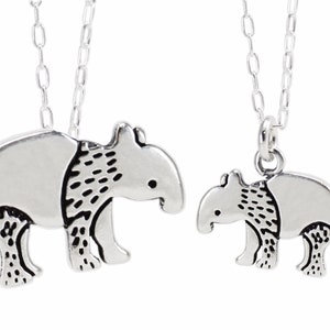Sterling Silver Tapir Necklace Set on Adjustable Sterling Chains - Mother-Daughter Tapir Pendant Set - Matching Charms