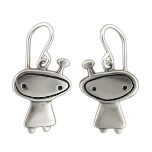 Orbit Girl Charm Earrings - Sterling Silver Alien Earrings - Silver Astronaut Earrings - Space Girl