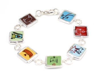Sterling Silver Cat Drawings Bracelet: Reversible Enamel Jewelry