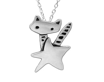 Sterling Star Cat Charm Necklace - Silver Rocket Cat Pendant on Adjustable Sterling Chain