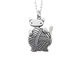 Sterling Knitten Necklace - Cute Silver Cat Pendant - Knitting Cat Charm on Adjustable Sterling Chain