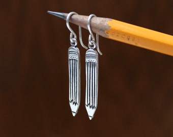 Sterling Silver Pencil Charm Earrings for Artist, Designers, Architects, Teachers, Students, Mathematicians, Poets, Writers, Wordsmiths