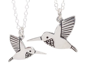 Sterling Silver Parent Child Hummingbird Charm Set - Set of Two Sterling Silver Hummingbird Necklaces on Adjustable Sterling Chains