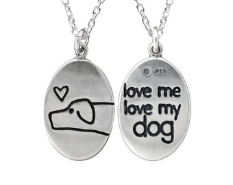 I Love My Dog Necklace - Sterling Silver Dog Charm Pendant - Dog Medallion - Love Me, Love My Dog Charm on Adjustable Sterling Chain