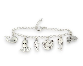 Ocean Charm Bracelet: Sterling Silver Adjustable Chain with Sea Animals