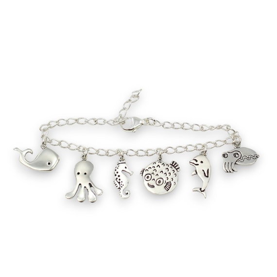 Ocean Charm Bracelet: Sterling Silver Adjustable Chain with Sea Animals