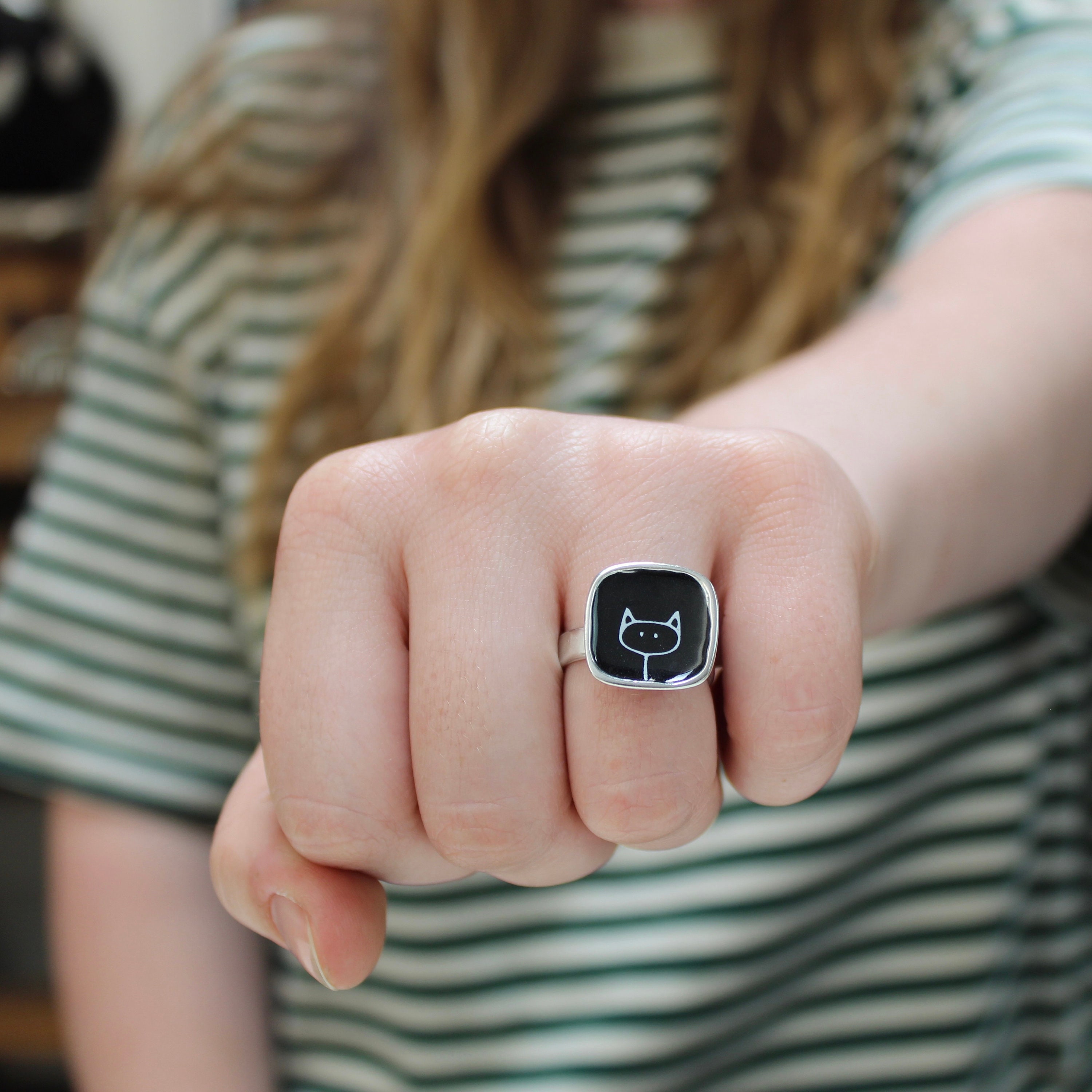 Sterling Silver and Vitreous Enamel Cat Ring - Black Cat