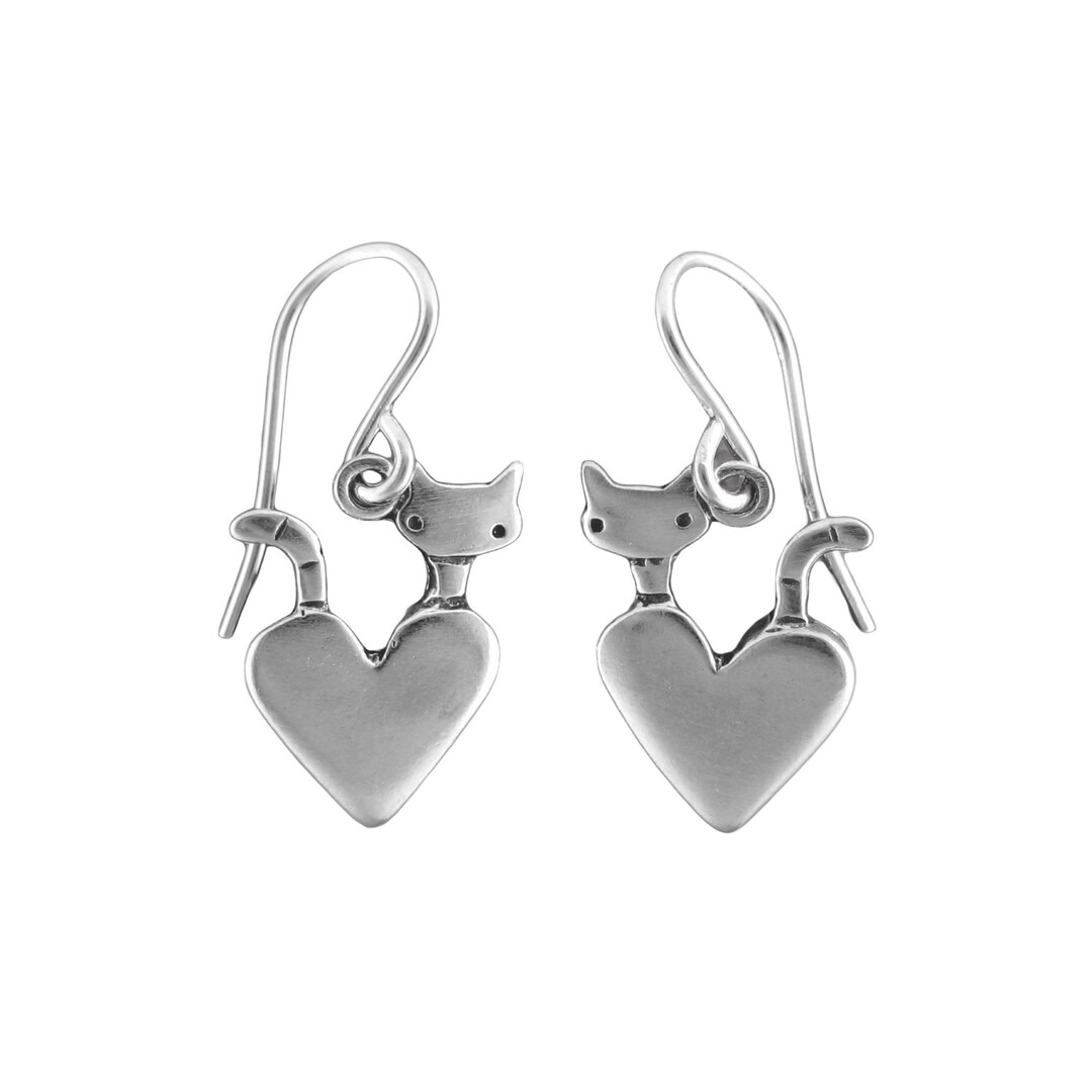 Pocket Cat Earrings Sterling Silver Cat and Heart Earrings Cat Jewelry