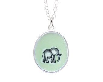 Elephant Necklace - Sterling Silver and Vitreous Enamel Elephant Pendant on Adjustable Sterling Chain