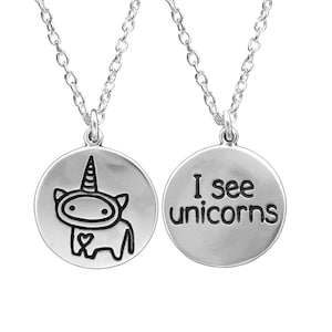 I See Unicorns  Charm Necklace - Reversible Sterling Silver Unicorn Pendant on Adjustable Chain