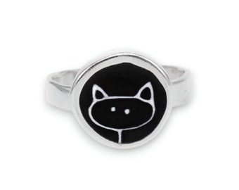 Black Cat Ring - Sterling Silver and Vitreous Enamel Kitty Ring with Original Cat Drawing