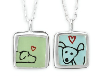 Double Dog Necklace - Reversible Sterling Silver and Vitreous Enamel Necklace with Dog Drawings - Dog Pendant on Adjustable Sterling Chain