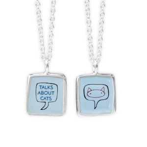 Talks About Cats! Reversible Necklace - Sterling Silver and Enamel Cat Pendant on an Adjustable Chain - Adorable Necklace for Cat People