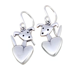 Pocket Pup Earrings - Sterling Silver Dog Earrings - Dog with Heart Dangle Earrings