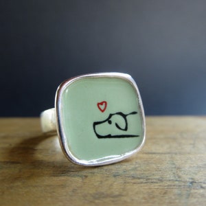 Dog Ring Light Green Vitreous Enamel with Original Dog Drawing image 3