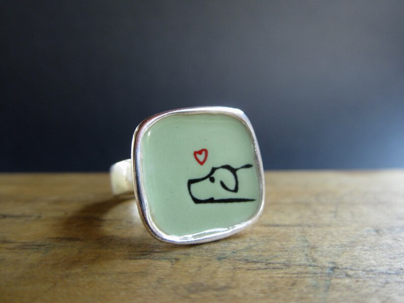 Dog Ring Light Green Vitreous Enamel with Original Dog Drawing image 3