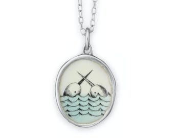 Narwhal Necklace - Sterling Silver and Vitreous Enamel Narwhal Pendant - Old World Narwhal Charm on Adjustable Sterling Chain