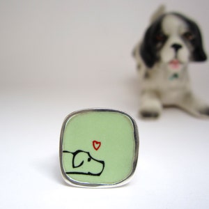 Dog Ring Light Green Vitreous Enamel with Original Dog Drawing image 2