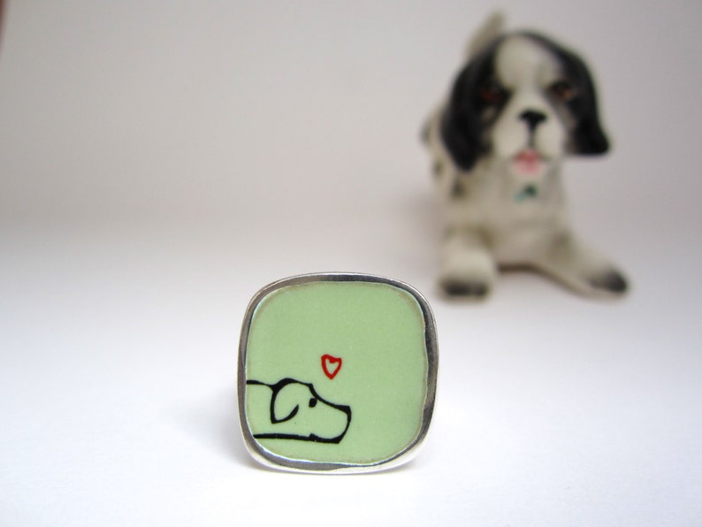 Dog Ring Light Green Vitreous Enamel with Original Dog Drawing image 2