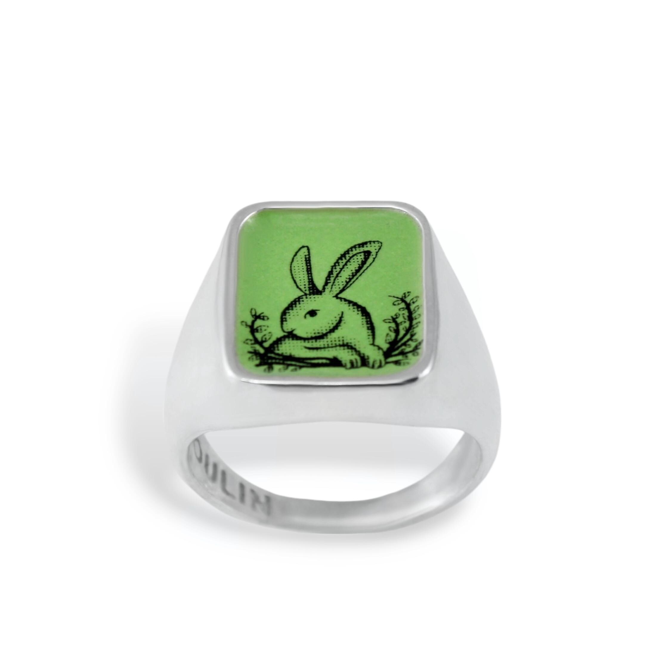 Vintage Rabbit Signet Ring: Sterling Silver Vitreous Enamel Bunny ...