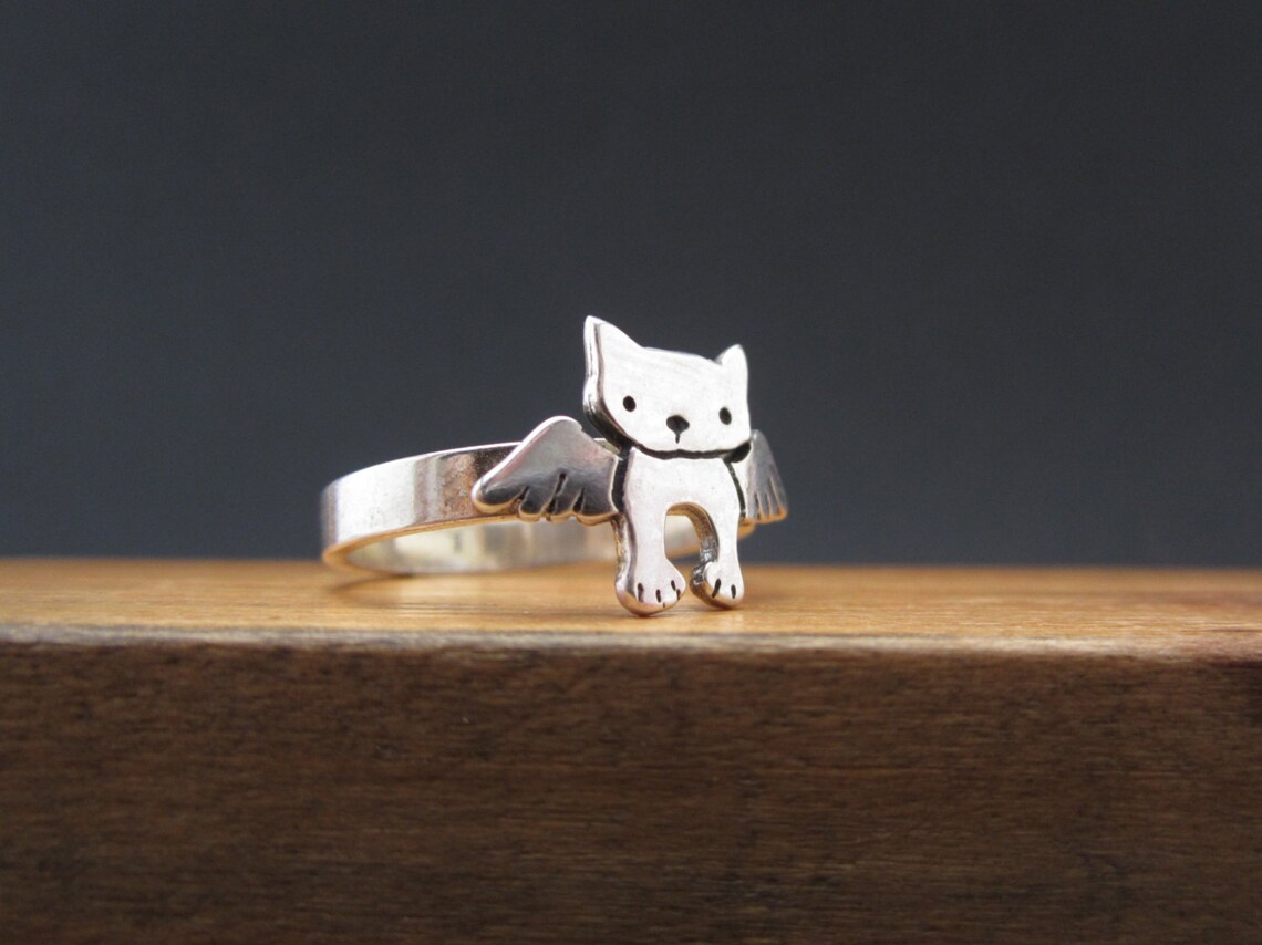 Sterling Silver Angel Cat Ring Silver Cat Memorial Ring Etsy